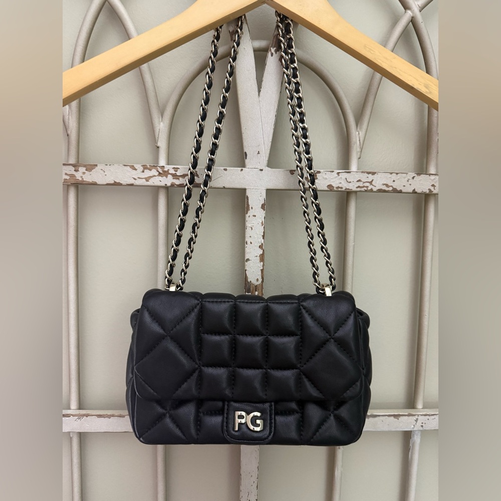 Purificación García Black Quilted Leather PG Flap Shoulder Bag Chain Strap